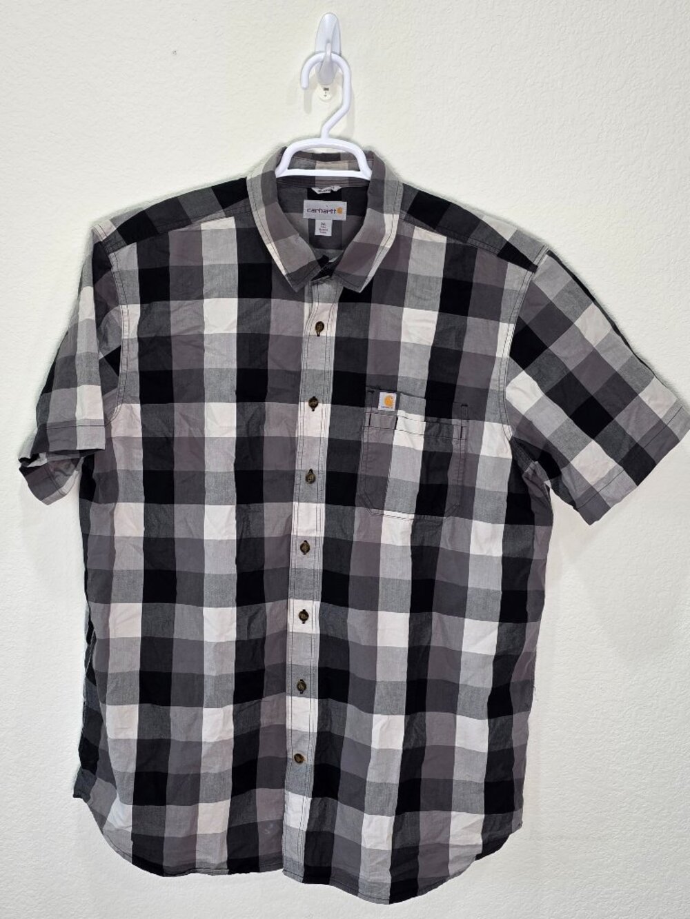 Carhartt Men's 2XLT Tall Relaxed Fit Gray Black Plaid Short Sleeve Button Up